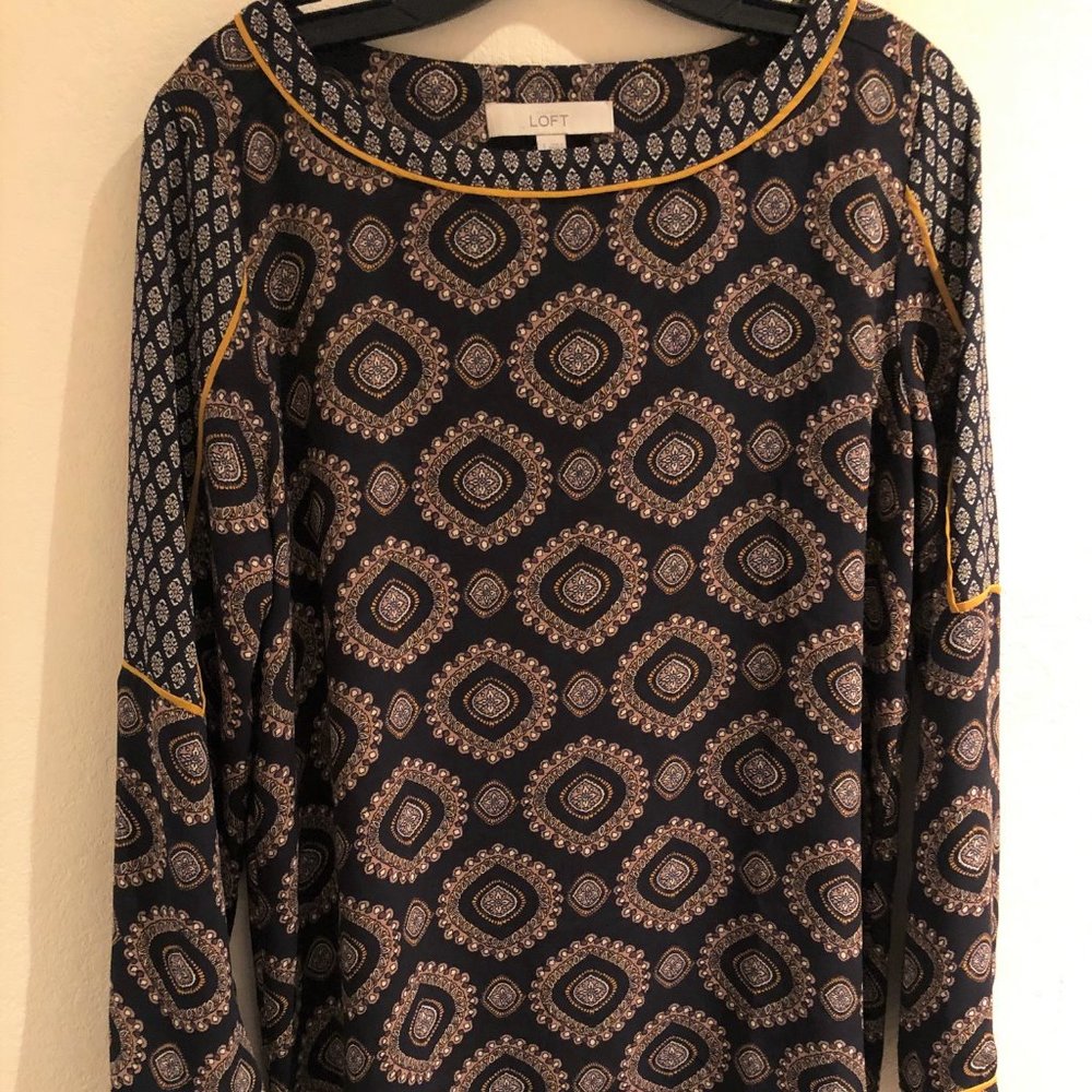 LOFT Navy and Yellow Patterned Blouse